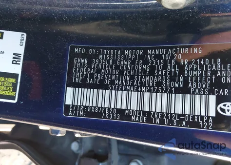 2021 Toyota Corolla Le from USA, damaged, VIN 5YFEPMAE4MP175771